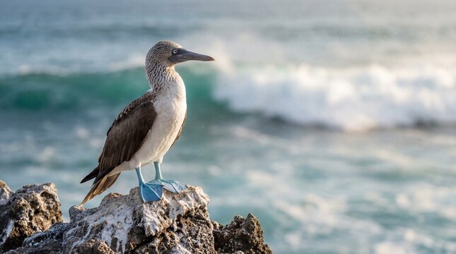 A blue-footed booby stands on a rocky shoreline with waves crashing in the background.