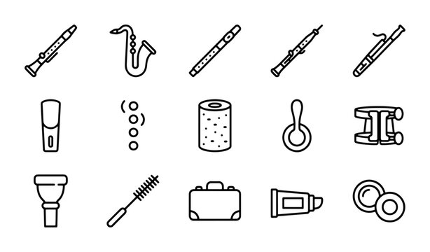 Woodwind Instrument Icons, Music Accessories Set, Vector Graphics for Musicians