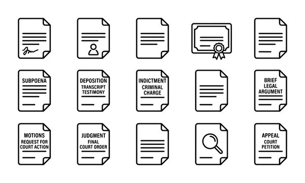 Legal Document Icons: Subpoena, Judgment, Brief, Appeal, Contract, Court Forms, Law Icons