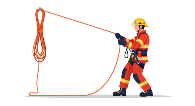 Firefighter in uniform pulling rope during rescue operation