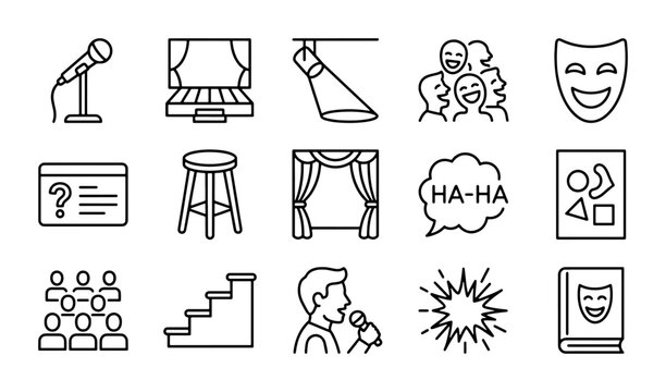 Comedy Show Icons, Stand-Up Performance Graphics, Theater Performance Elements, Entertainment Vector Set