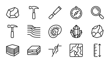 Geology Icons Set: Rocks, Fossils, Tools, Compass, Magnifying Glass, Crystals, Layers © Ariful