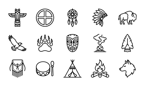 Native American Icons Set, Indigenous Culture Symbols, Tribal Art Elements, Vector Graphics Collection
