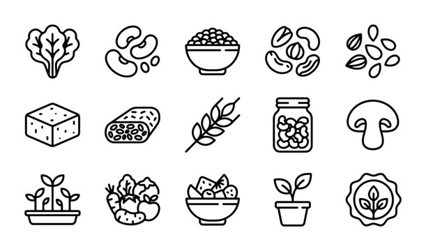 Vegan Food Icons Set, Plant-Based Diet Symbols, Healthy Eating Vector Graphics