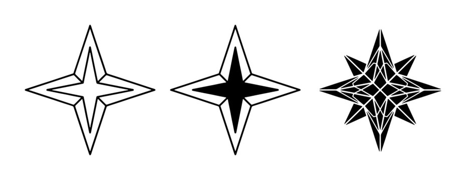 Four-Pointed Star Icons: Outline, Filled, and Intricate Geometric Designs