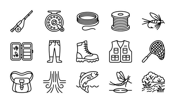 Fishing Gear Icons Set: Rod, Reel, Lures, Vest, Boots, Net, Tackle Box, Fly, Fish, Nature