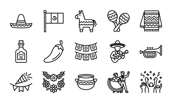 Mexican Fiesta Icons: Cinco de Mayo, Mariachi, Sombrero, Pinata, Festive Vector Elements