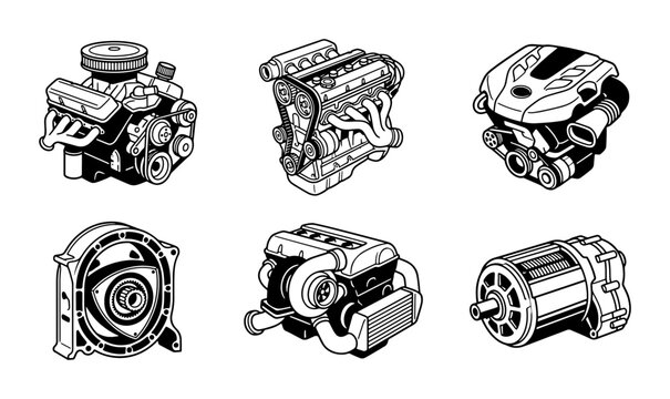 Automotive Engine Icons Set, V6, V8, Rotary, Turbocharged, Electric Motor Vector Graphics