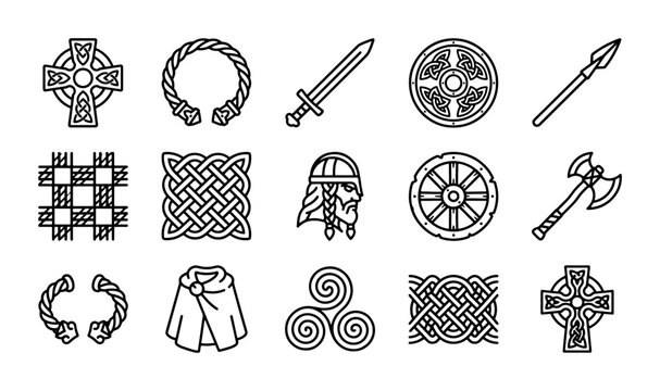 Viking Symbols Vector Icons Set, Celtic Knots, Warrior Gear, Ancient Art, Historical Motifs