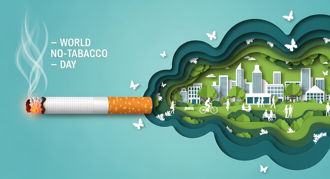World No Tobacco Day with cigarette releases smoke and green environment