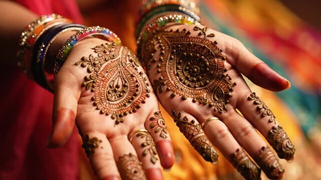 Close up of female hands decorated with traditional brown henna patterns during a wedding ceremony featuring colorful bangles on both wrists