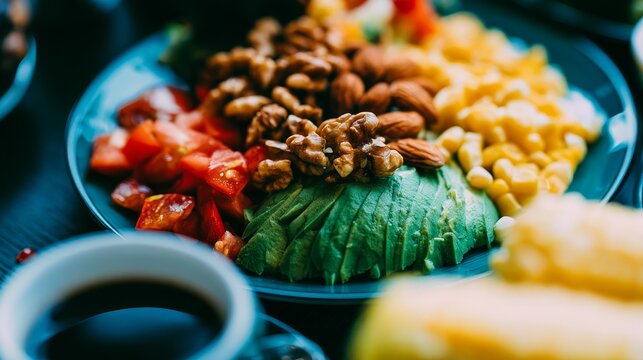 Close up of healthy avocado tomato corn salad with walnuts and almonds on teal plate beside black coffee, nutritious organic breakfast and balanced clean eating concept