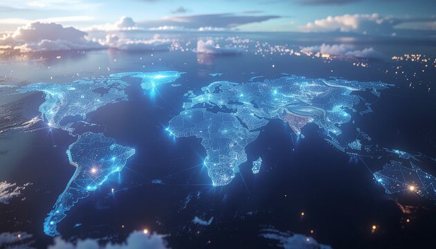 High tech world map with glowing nodes and data connections representing international digital banking, blockchain technology, and global finance.