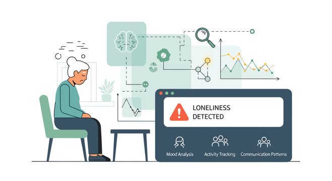 Elderly woman feeling lonely, loneliness detected by AI, mental health monitoring concept