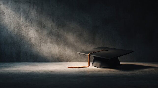 A graduation cap under a spotlight, symbolizing education and achievement. The lighting casts dramatic shadows