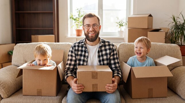 Father and two children playing with cardboard boxes on a couch in a living room.