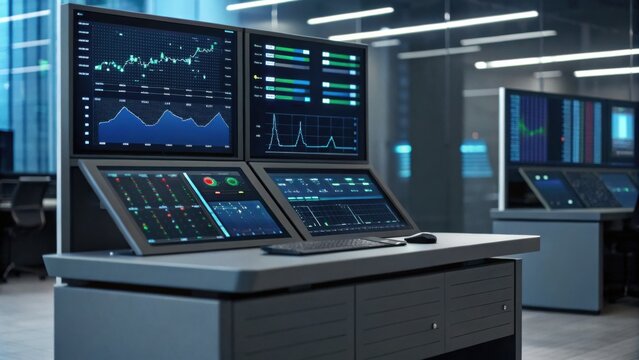 Modern control room with multiple monitors displaying data analytics, charts, and graphs for monitoring and managing digital operations.