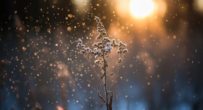 Delicate frosted plant illuminated by warm sunlight amidst falling snow, showcasing winter's serene beauty.