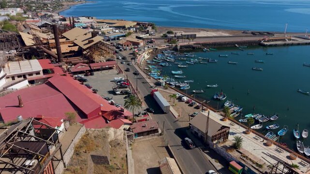 View aerial perspectives of Santa Rosalia showcasing the towns waterfront and historic buildings in Baja California Sur, Mexico.