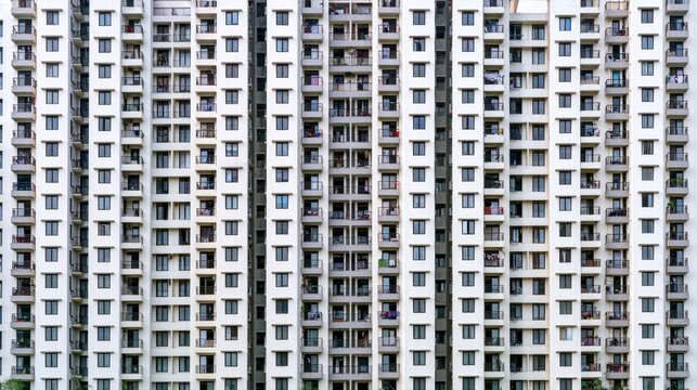 Large residential apartment building with repetitive balconies and windows representing urban density, modern housing development, city architecture and crowded metropolitan living concept