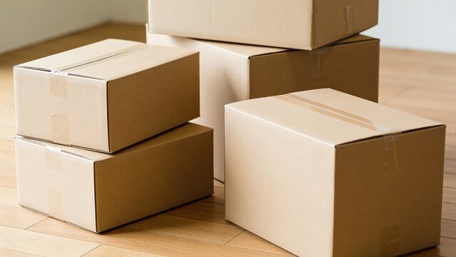 A stack of brown cardboard boxes of various sizes on a wooden floor. The boxes are empty and neatly arranged, suitable for shipping or storage purposes.