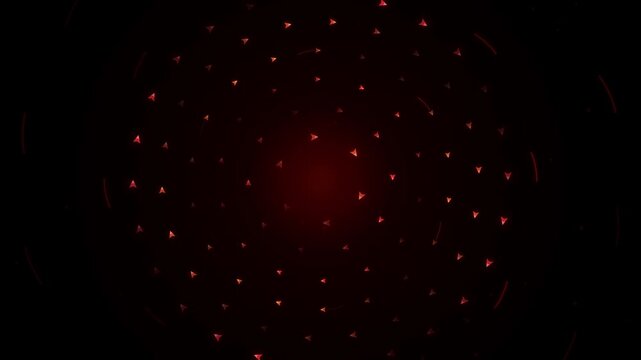 Dynamic abstract background with glowing red triangles digitally rotating in dark space