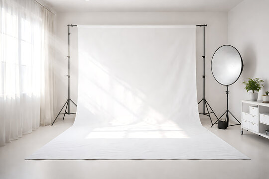 Bright photography studio setup featuring white seamless backdrop, professional lighting equipment, minimalist interior, and clean creative workspace prepared for portrait sessions.