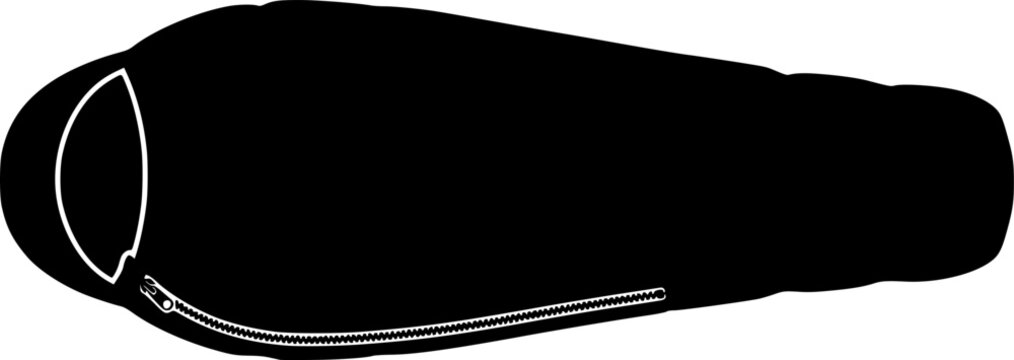 Black sleeping bag silhouette with zipper isolated on white background
