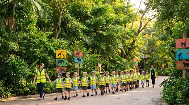 School children in hi-vis vests on zoo field trip with teacher
