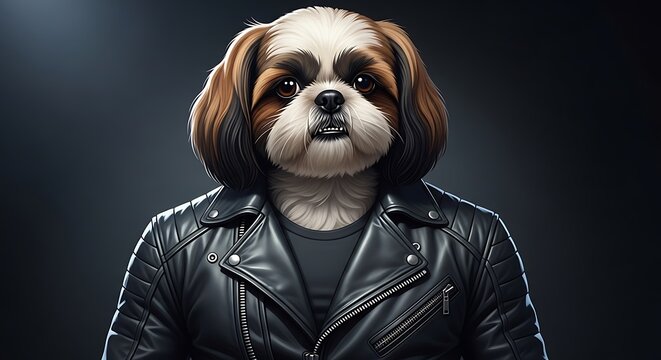 Cute dog in leather jacket portrait.