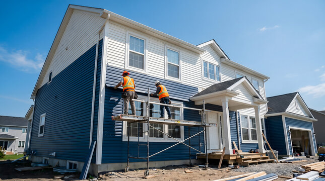Construction workers installing vinyl siding on new residential house