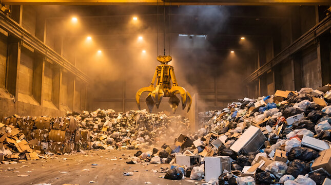 Crane grapple claw sorting waste inside industrial recycling facility