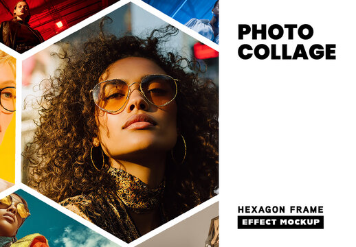 Photo Collage Hexagon Frame Effect Mockup