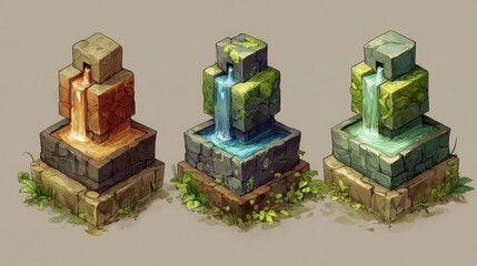 Obraz premium Decorative isometric stone fountains for gardens and squares.
