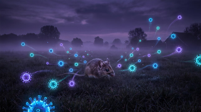 Wild mouse spreading glowing virus particles in misty rural field at night