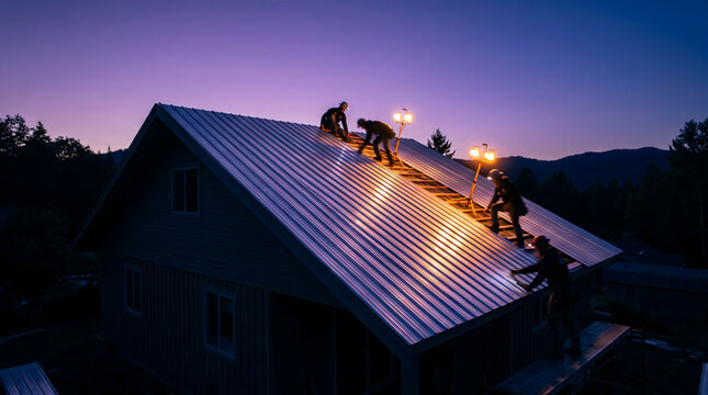 Roofers installing metal roof panels at night under work lights with blue hour sky