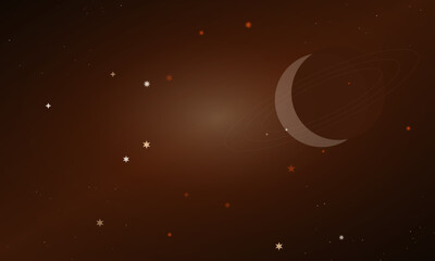 Crescent Moon and Sparkling Stars in Dark Brown Night Sky Background with Celestial Nebula and Planetary Rings © Rakibs