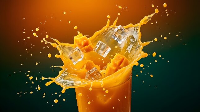 Dynamic splash of orange mango juice with ice cubes and fruit chunks exploding from a glass against a warm gradient background.