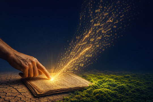 International Literacy Day UNESCO empowerment concept hand touching luminous ancient page releasing golden letters in multiple scripts transformation education SDG 4 sustainable development