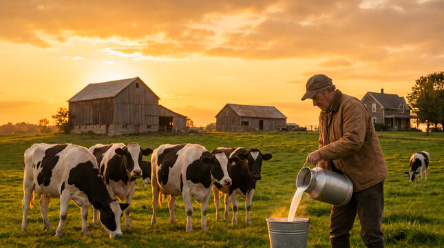 Farmer pouring fresh milk into bucket on dairy farm at golden hour sunset