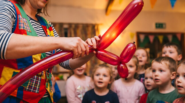Clown entertainer twisting red balloon animal for excited children at birthday party