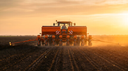 Fototapeta premium Tractor with precision seeder planting crops across open field at golden hour