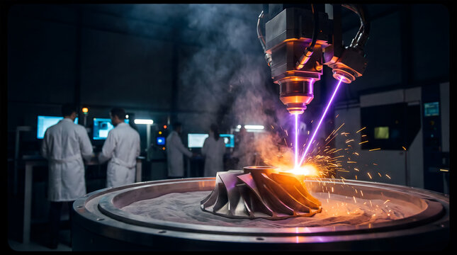 Laser metal 3D printing machine sintering turbine blade in research lab