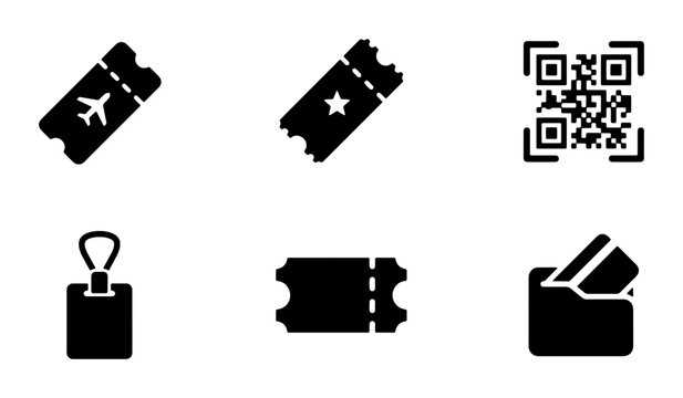 Vector Ticket Icons Set: Airline Pass, Event Stub, QR Code, ID Badge, Wallet Card, Event Admission