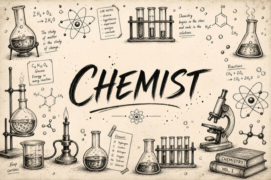Vintage Hand Drawn Chemistry Lab Equipment and Scientific Formulas Illustration