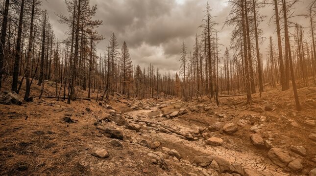 Burnt forest landscape with dry ground and dead trees under cloudy sky