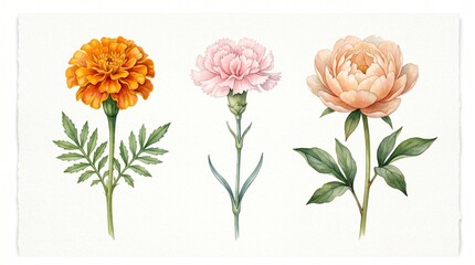 Obraz premium Vibrant watercolor flowers marigold carnation and peony