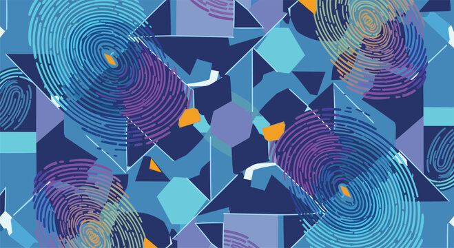 Complex abstract pattern with fingerprints, triangles, and hexagons in blue, purple, and orange tones, suggesting security or digital identity.