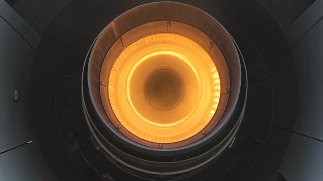 Glowing jet engine interior with heat haze, static close-up for technology and power.