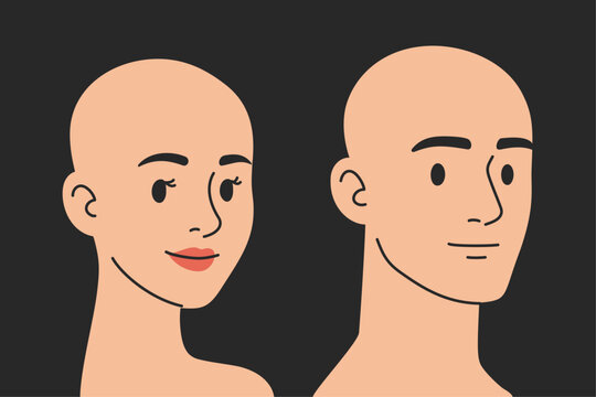 Bald head woman and man cartoon side face clipart characters with skin lips outline drawing flat vector style on black background